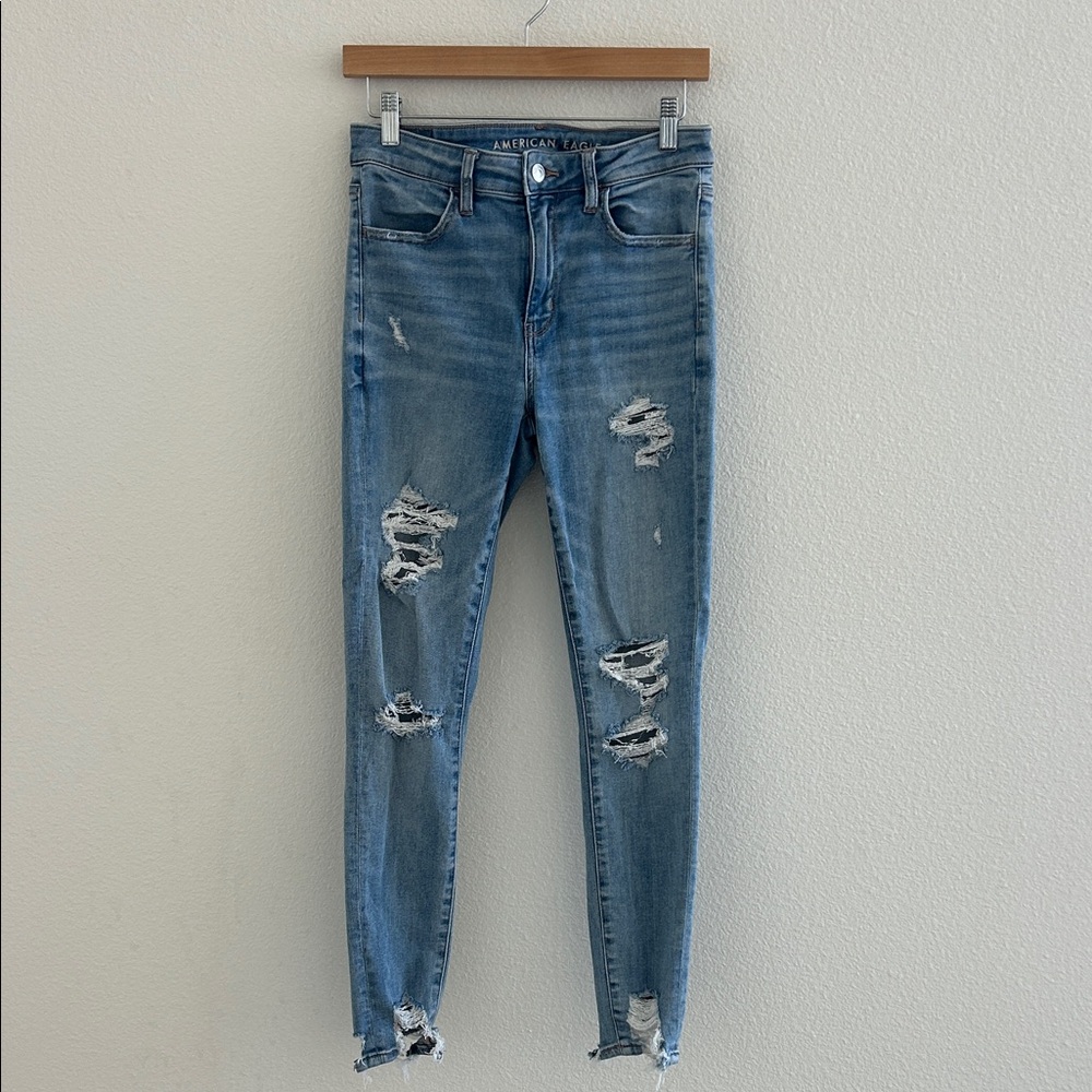 American Eagle Distressed Next Level Stretch Blue Jeans Regular Length Hi-Rise